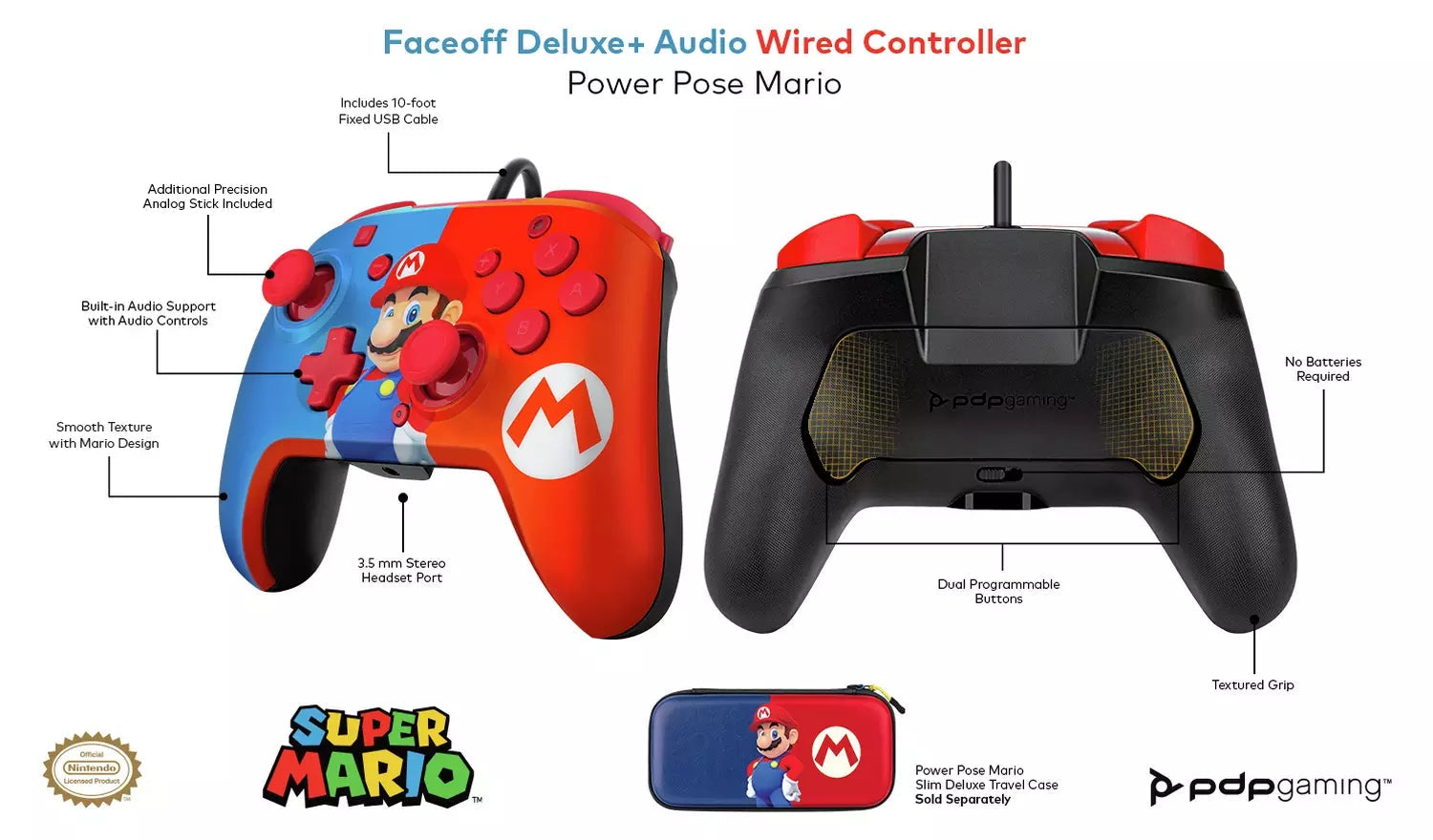 Switch controller con cavo PDP Wired - Controller Faceoff Deluxe+ Audio Super Marioc