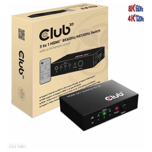 Club3d 3 To 1 Hdmi 8k60hz Switch Switch per Keyboard-Video-Mouse (Kvm) Nero - Disponibile in 3-4 giorni lavorativi Club3d