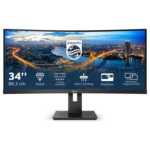 Philips Monitor 346B1C Gaming Monitor Curvo 34" 21:9 WQHD, 100 Hz, Adaptive Sync, Multiview (PiP, PbP), KVM e Audio Integrati, HDMI, Display Port, Docking Station USB-C, RJ45, Regolabile Ergonomicamente, Vesa - Disponibile in 3-4 giorni lavorativi Philips