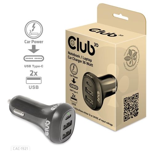 Club3d Caricatore da Auto per Notebook/Laptop 12V 36 Watt - Disponibile in 3-4 giorni lavorativi Club3d